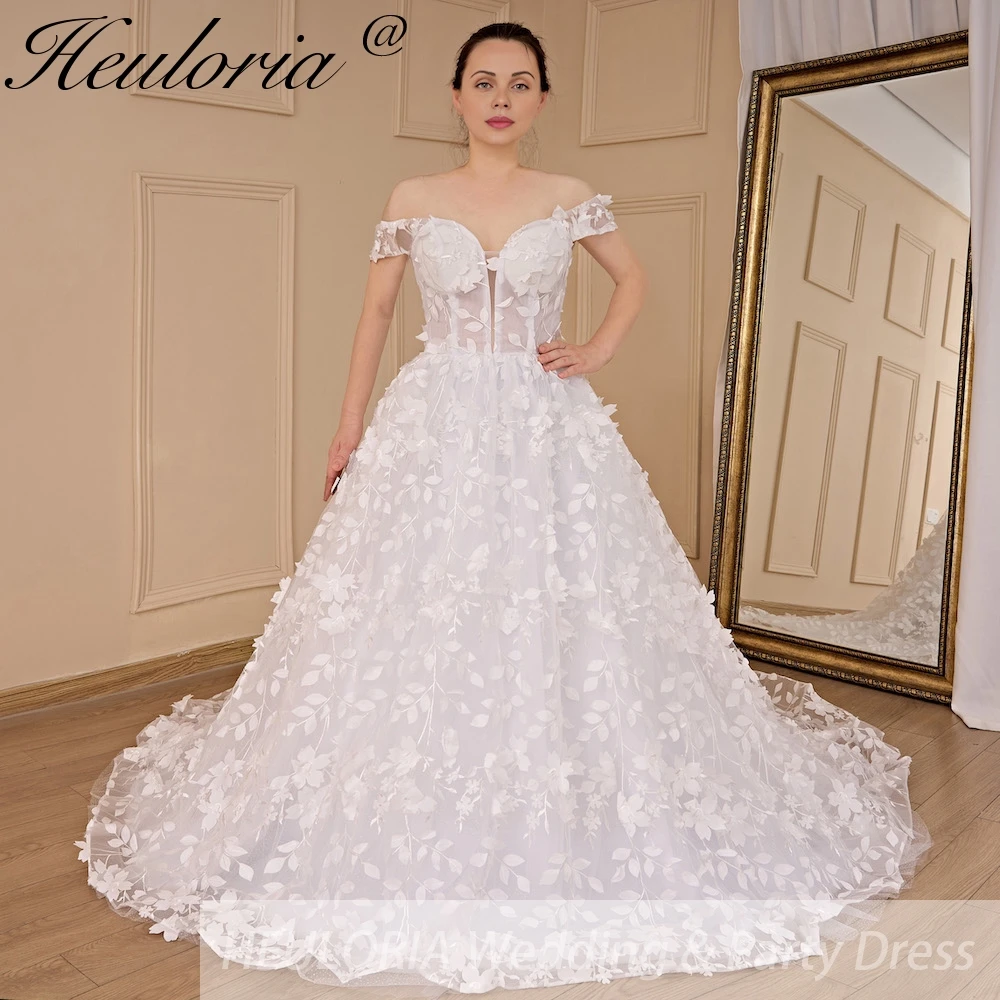 

HEULORIA Princess Wedding Dress off shoulder bride dress plus size robe de mariee 3D floral Lace Wedding Bridal Gown