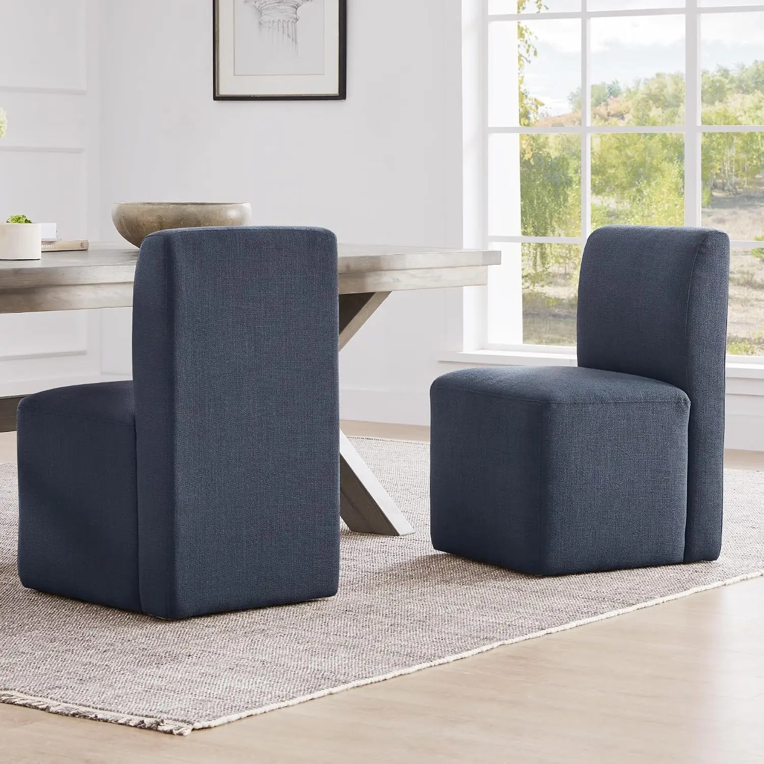 Dining Chairs with Wheels Set of 2 Fully Assembled Blue Upholstered Kitchen Office Rolling Caster Swivel Seat, Customized