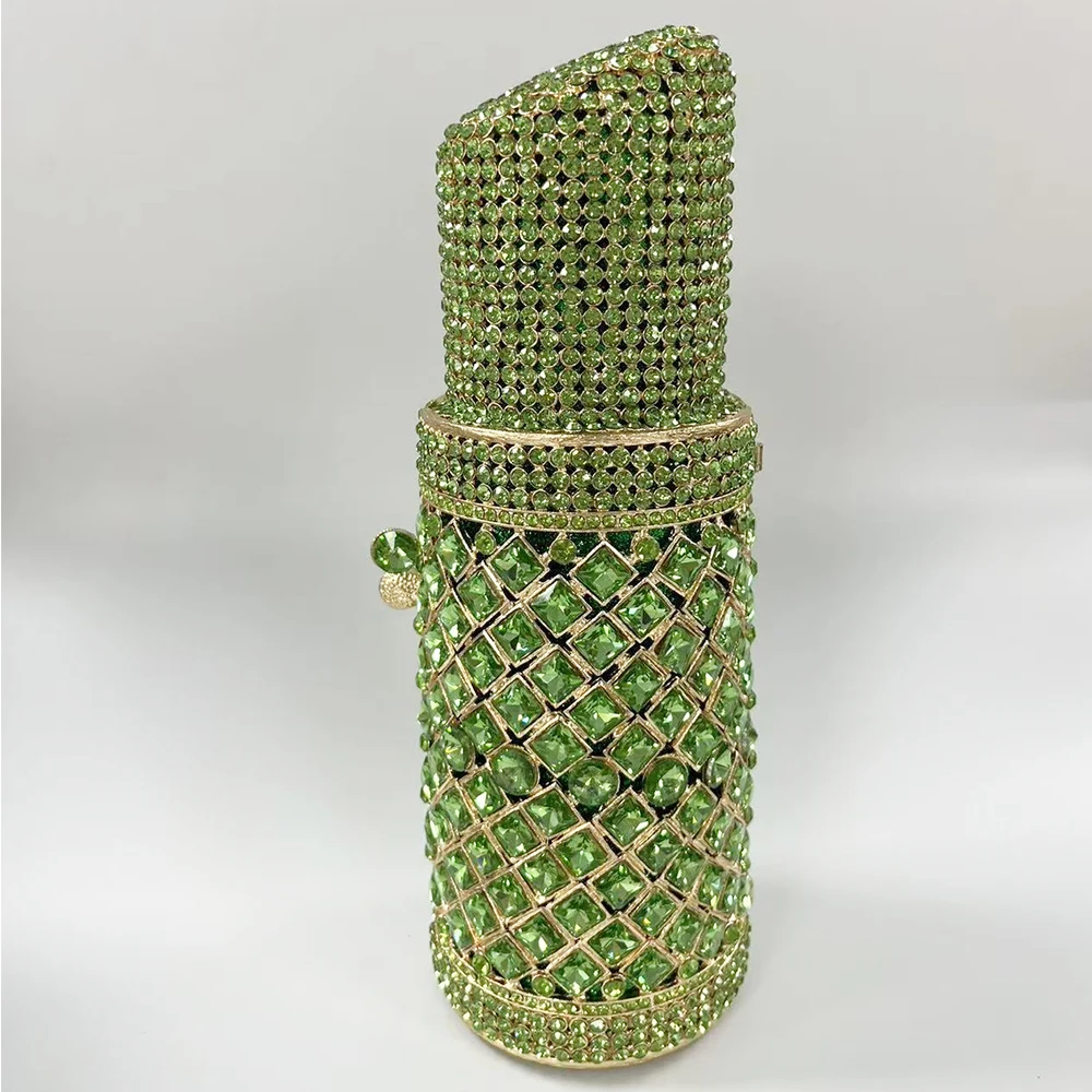 Green Lipstick Diamond Evening Purse Crystal Woman Handbag Diamond Gala Dinner Party Clutches  Wedding Bridal Clutch Bag