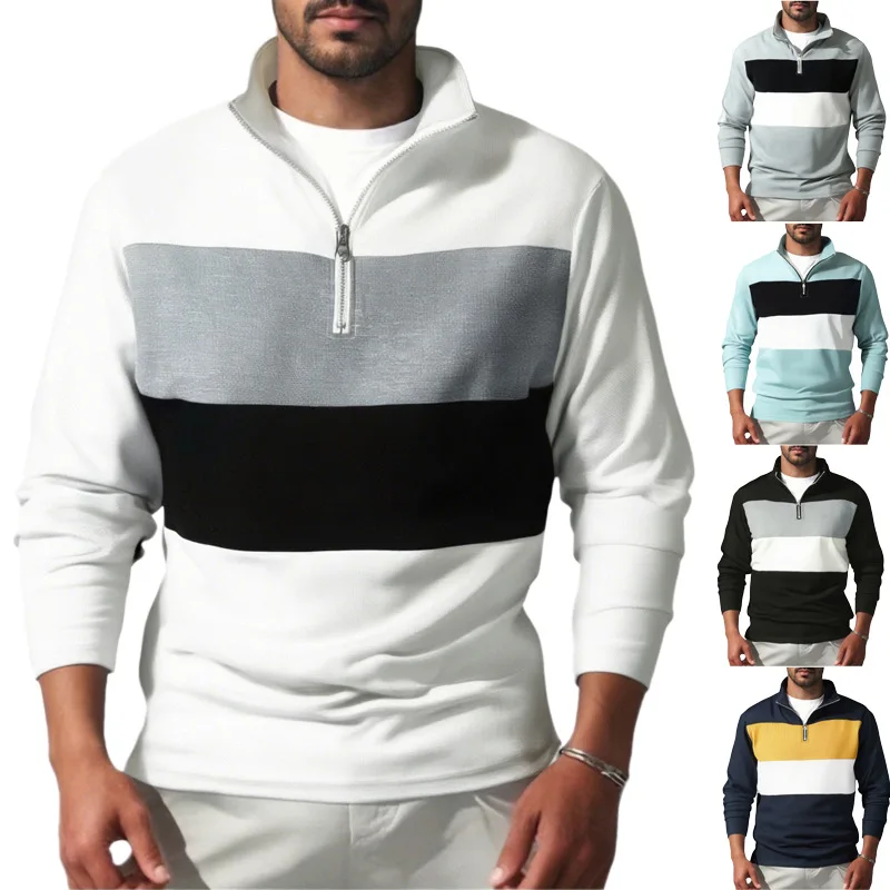 Autumn Retro Color Matching Men's Long-sleeved Shirt Zipper Loose Jumper Polo Shirt