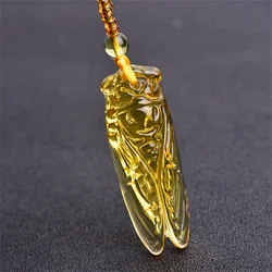 Natural Topaz Hand Carved Chinese Cicada Jade Pendant Charm Citrine Fashion Jewelry for Women Man Necklace Gift