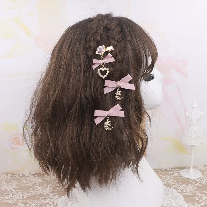 

Набор заколок для волос в стиле Лолита для женщин: жемчужные банты и заколки-сердечки, ручная работа, украшения для волос в стиле Soft Girl