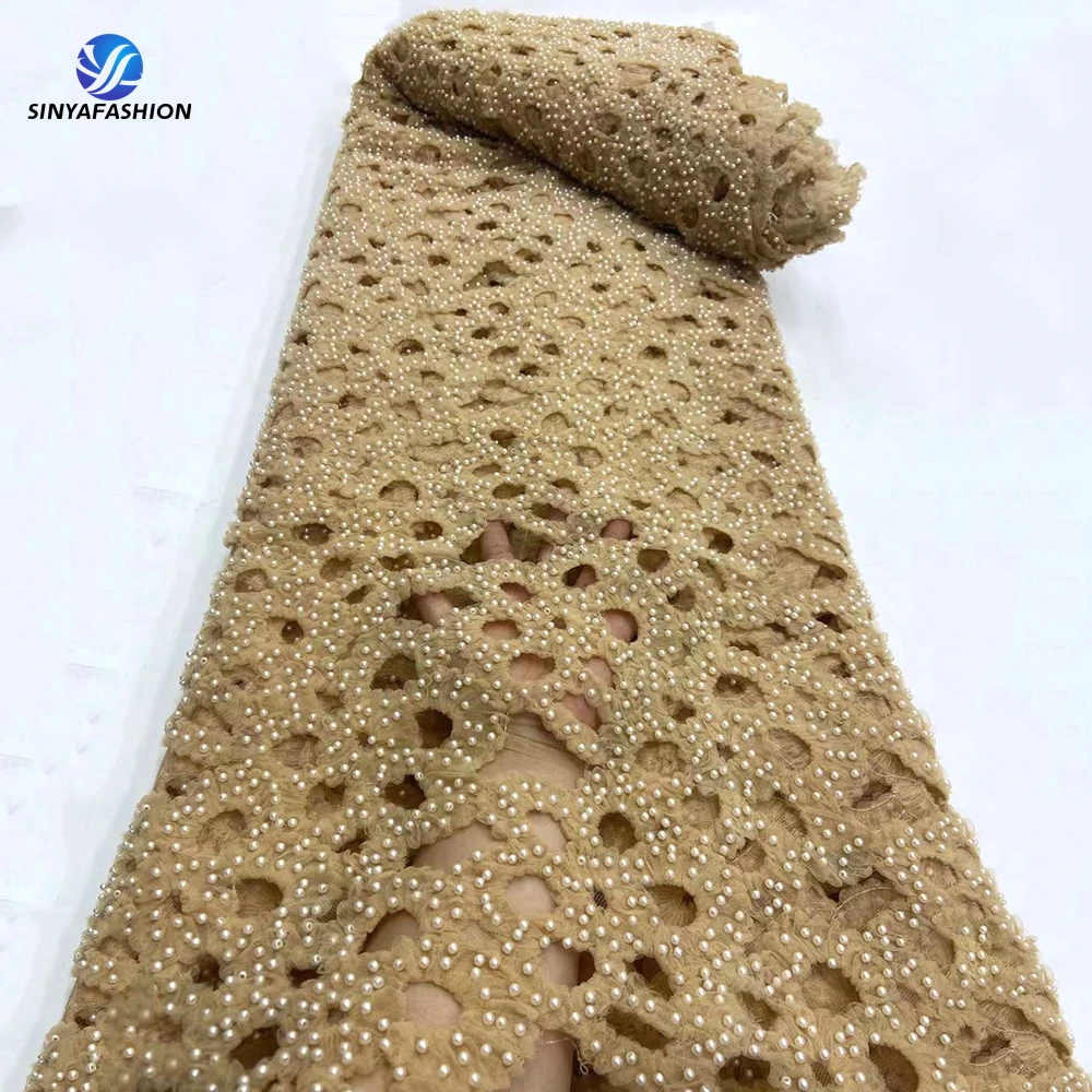 女性のための真珠で刺繍されたアフリカのレース生地,ドレス,彫刻されたデザイン,高品質,結婚式,豪華,2024