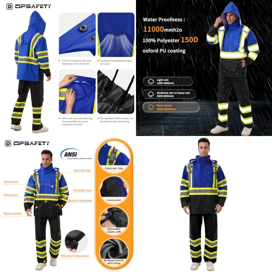 

Hi Vis Safety rain Jacket Reflective Class 3 Rain coat with Inner Mesh Lining and Pockets High Visibility Waterproof work Rain