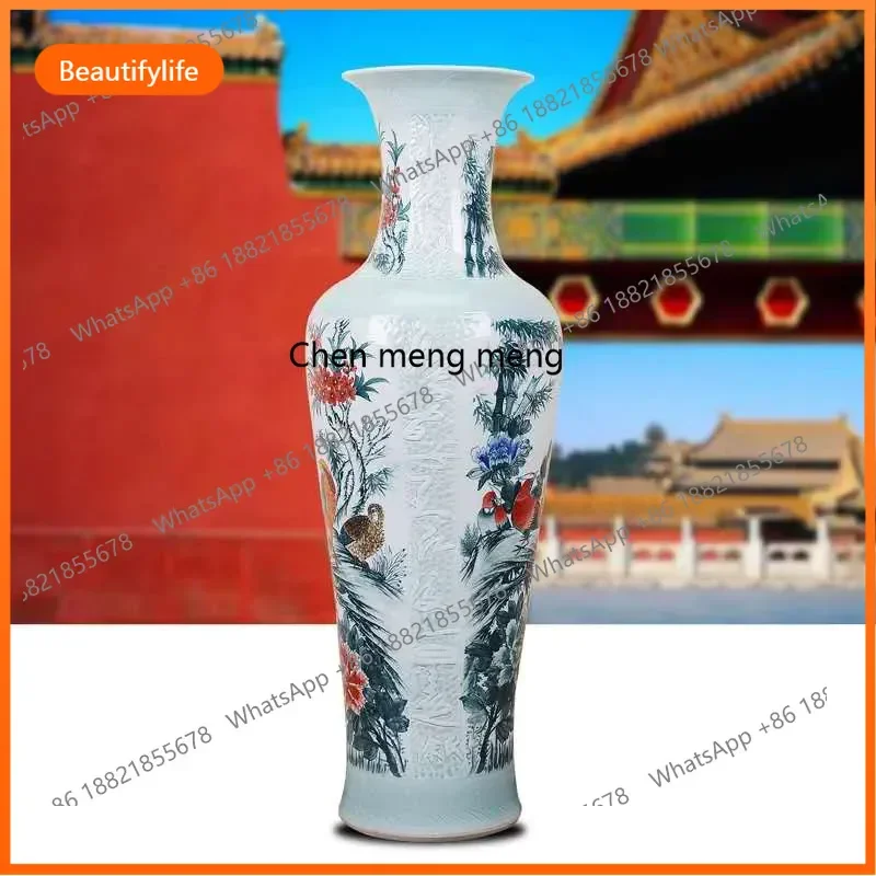 Jingdezhen ceramics large vase, living room floor engraving hand-painted porcelain vase decorative ornament