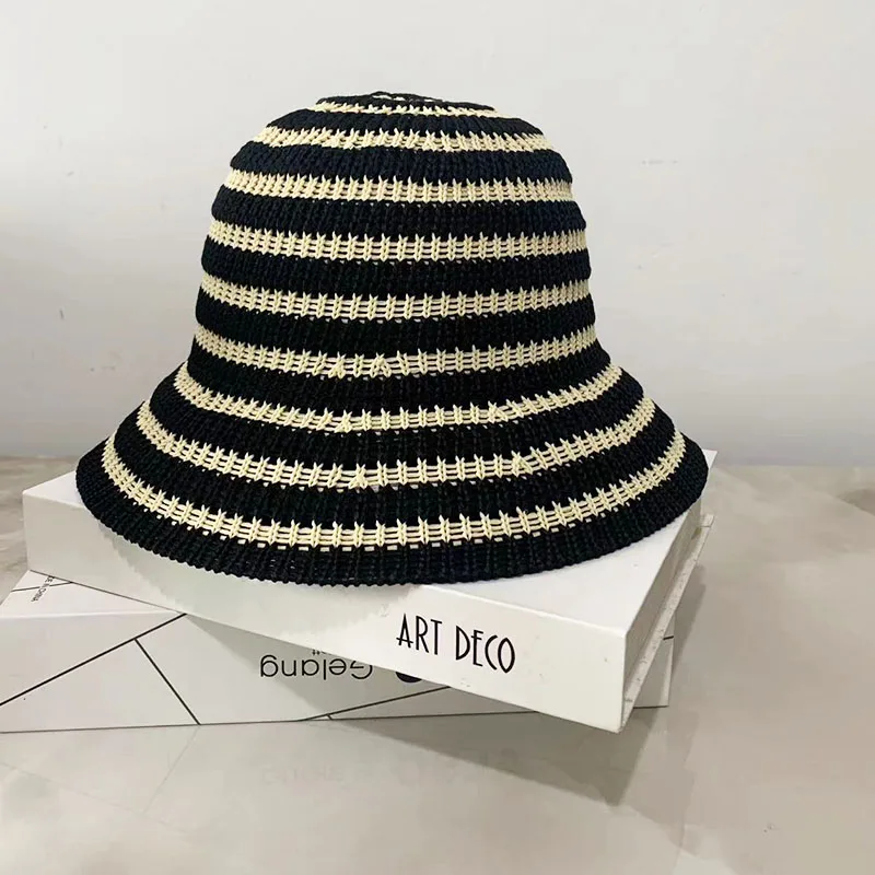 Sombrero de pescador hueco a rayas para mujer, protector solar tejido para exteriores, gorra de pescador transpirable, moda versátil, viaje, Panamá, primavera y verano