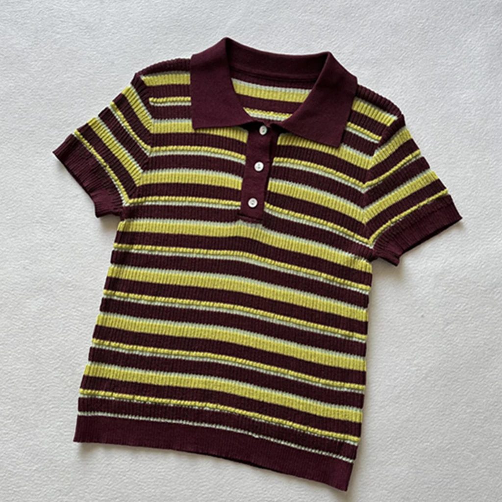 

Maxdutti 2025 Summer Tshirts Minimalist Color Striped Knitted T-shirt Vintage Polo Collar Short Sleeved T-shirt Women Top