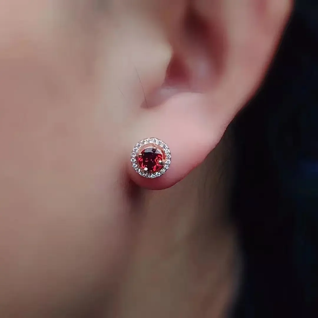 Classic 925 Silver Gemstone Stu Earrings 5mm VVS Grade Natural Garnet Earrings Sterling Silver Garnet Jewelry