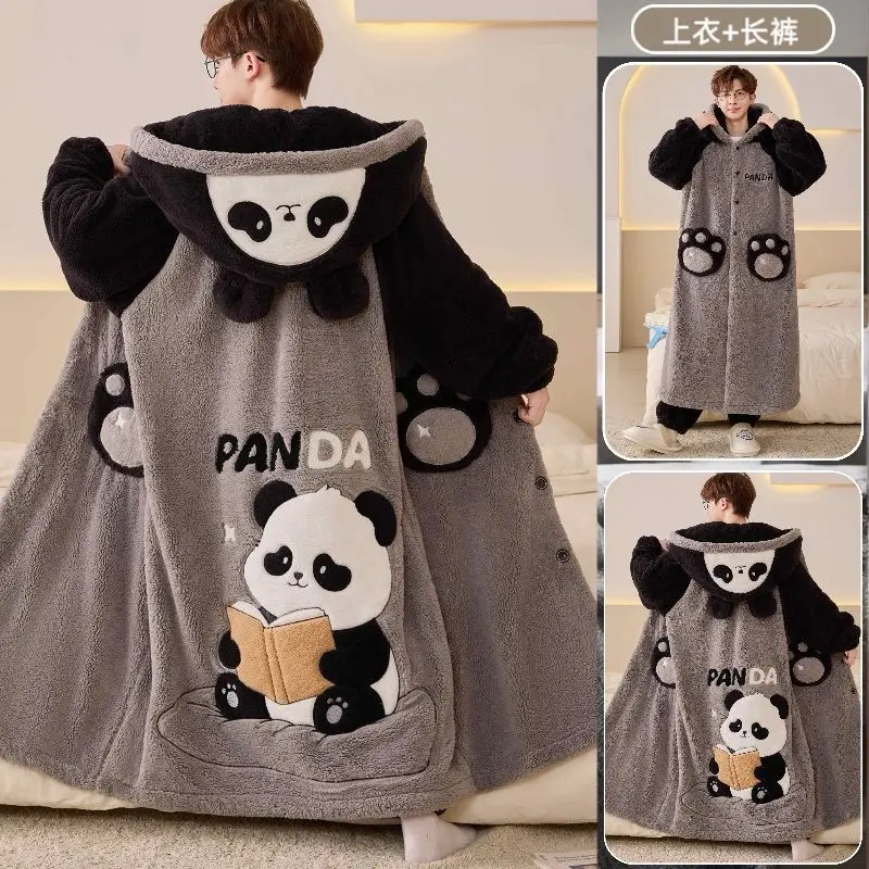 Oversized Panda Pattern Man Winter Flannel Pajama Set 3D Ear Hooded Robe with Paw Pockets Warm Plush Sleepwear Loungewear Suit