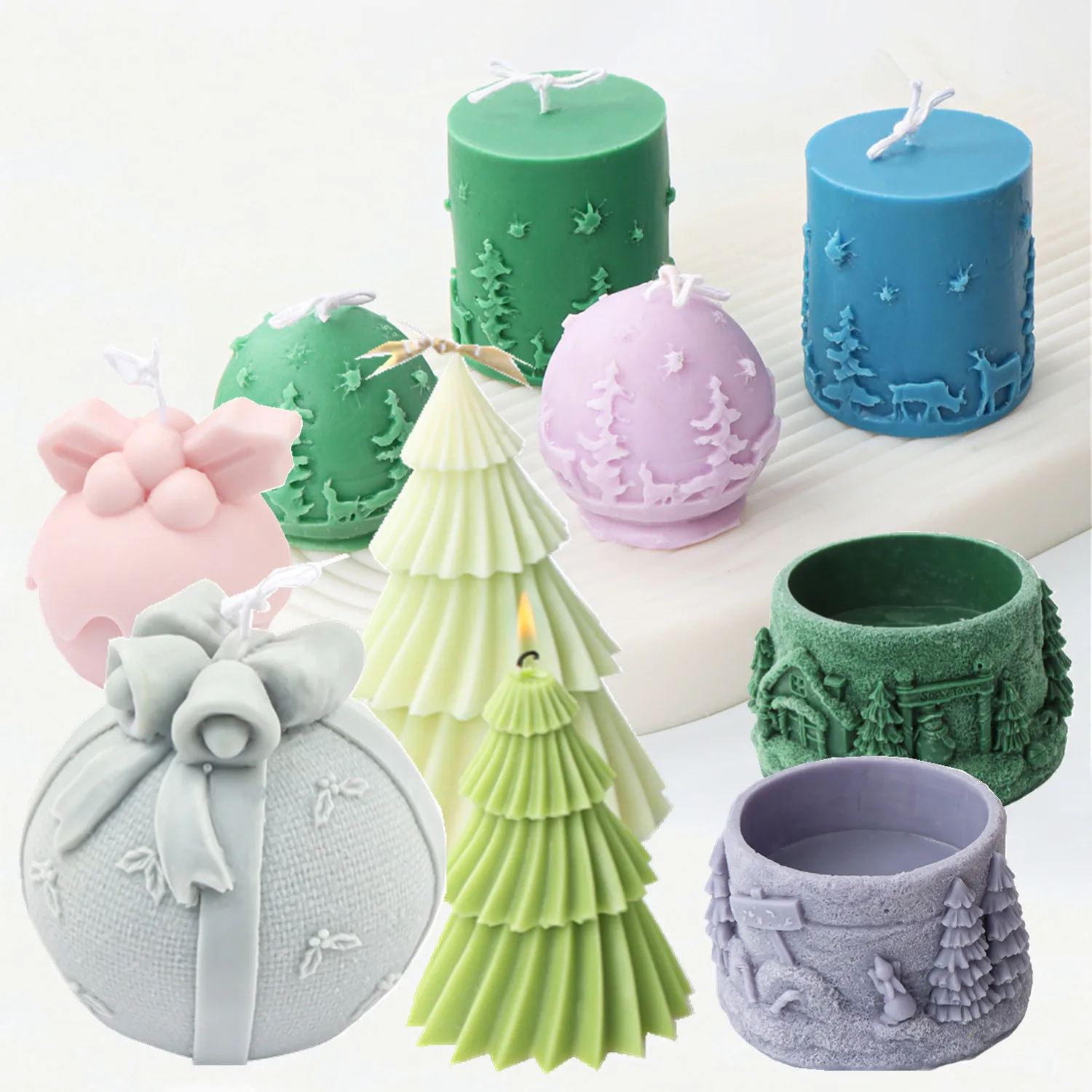 Christmas Scented Candle Supplies Xmas Tree Mold Silicone Gift Ball Resin Soap Tools DIY Scene Cylinder Plaster Ornaments