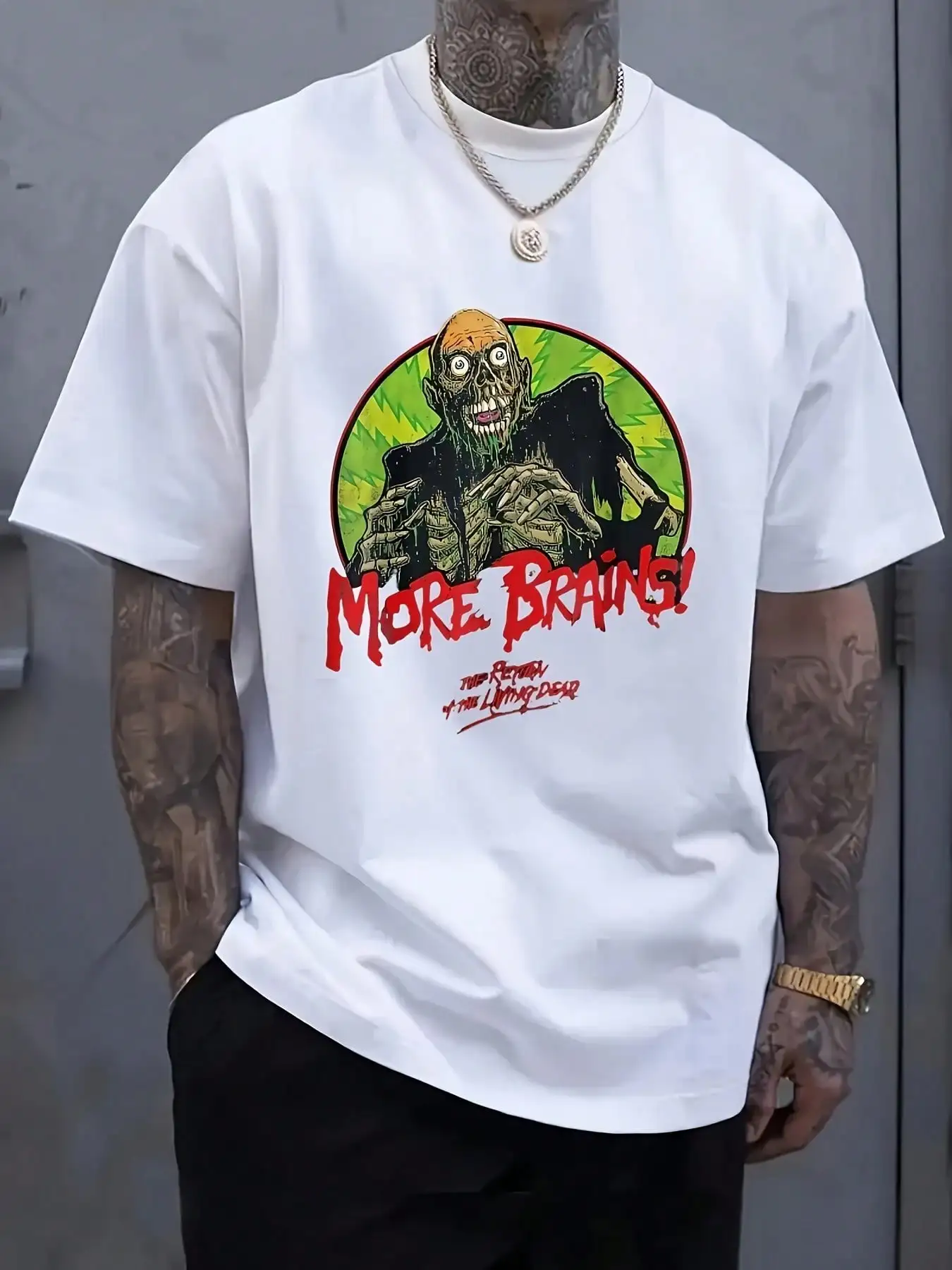 تي شيرت رجالي برسومات زومبي ريترو رعب أكثر دماغًا وطباعة معلقة قابلة للتنفس بأكمام قصيرة تي شيرت كلاسيكي برقبة دائرية قميص كاجوال #4