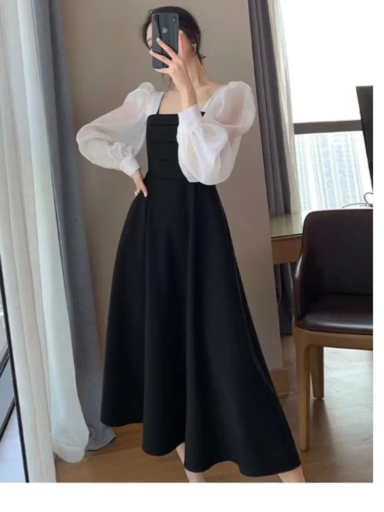 

Women Black White Patchwork Evening Party Dresses Elegant Holiday Long Sleeve Square Collar Oversize Midi Dress French Bohemian