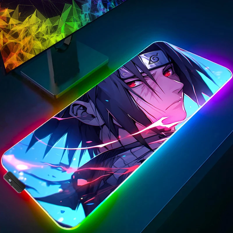 Anime NARUTO Uchiha Sasuke RGB Pad Mouse Backlight HD Print Computer Gamer Locking Edge LED Mousepad XXL Keyboard PC Mice Mats