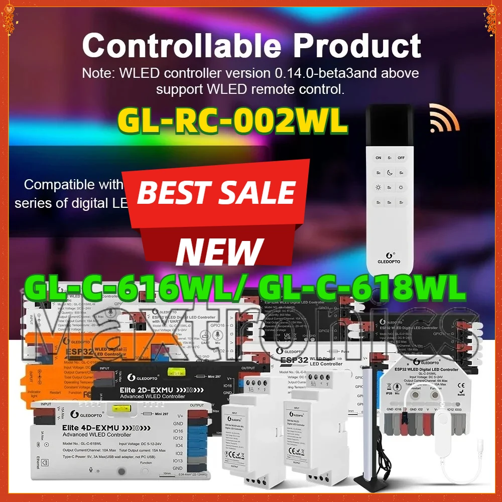 2026 Elite Advanced GL-C-616/ GL-C-618WL ESP32 WLED LED Strip Light Controller DIY Light Digital GL-SW-001/GL-RC-002/GL-C-615WL