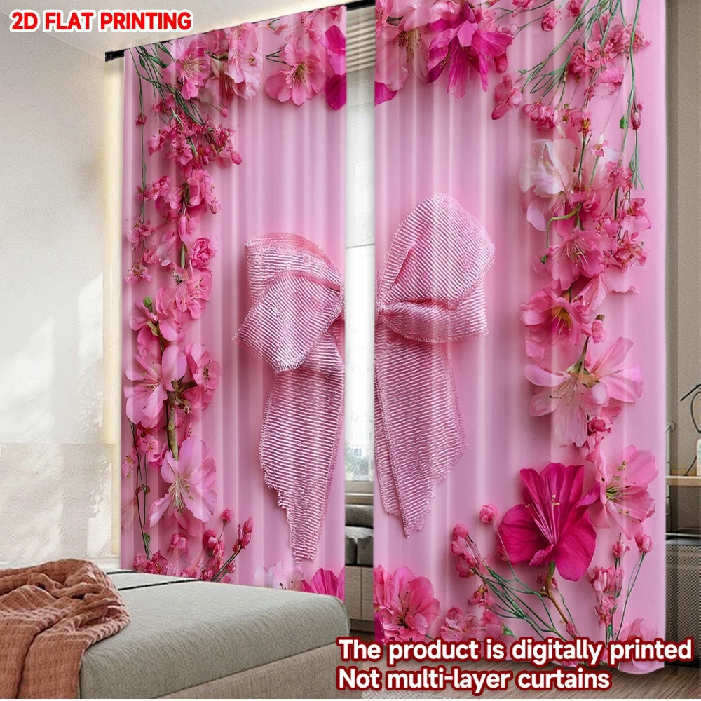 2pcs Pink Bow Flower Curtains 2D Flat Digital Printing,3D Embossed Effect with Large Ribbon for Romantic Sweet Style Living Room