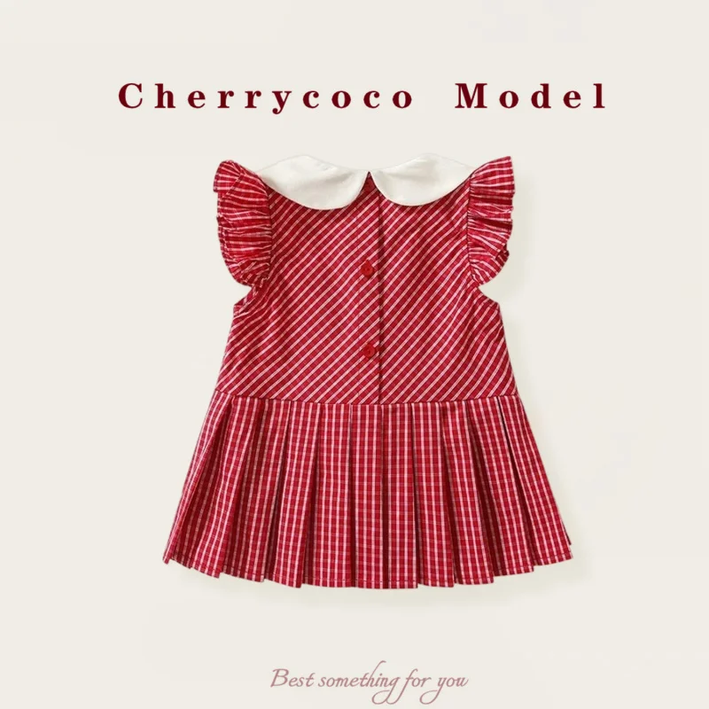 CHERRYCOCOGirls' summer dress new style children's pleated princess dress baby plaid cute tank dress