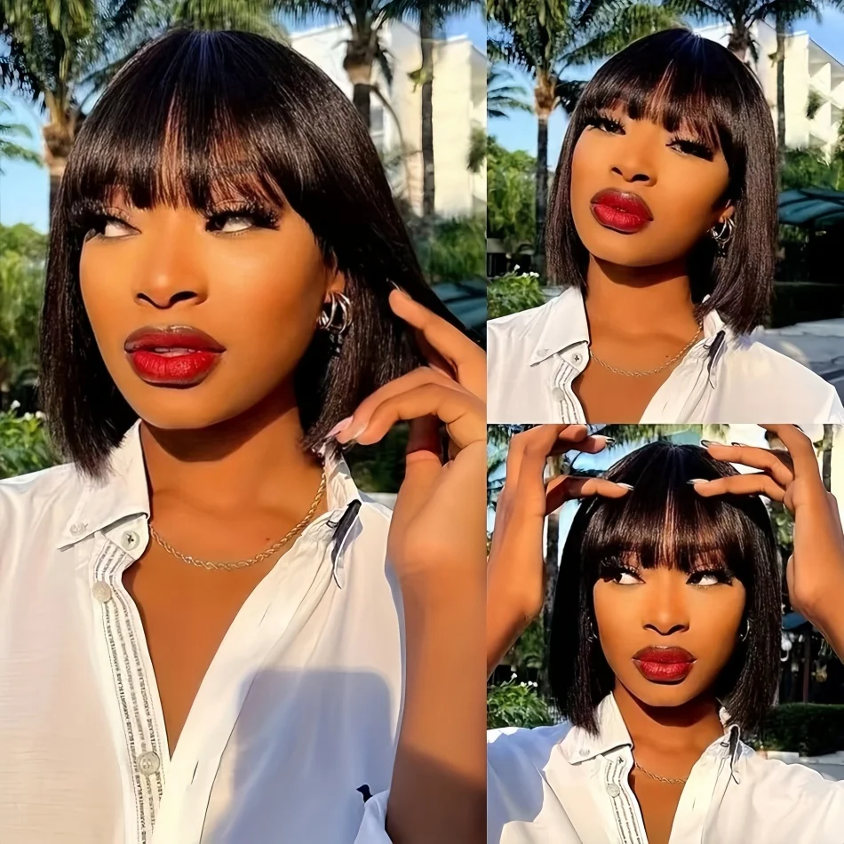 3X1 Middle Part Lace Bob Wig Bone Straight Human Hair Wigs With Bangs Brazilian Full Machine Made 100% Human Hair Wigs For Women image 4