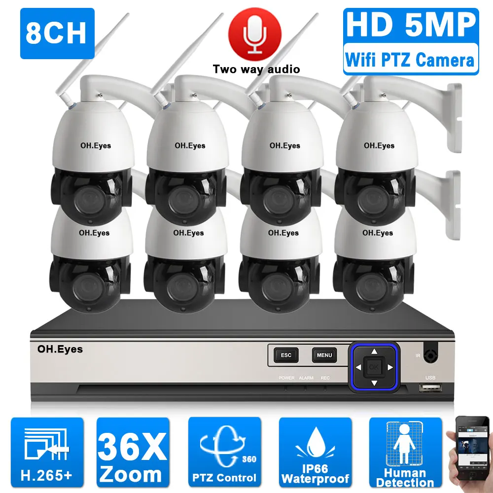 

5MP PTZ CCTV Camera Security System Kit Two Way Audio 4K 8CH POE NVR with 5MP Wifi IP Camera 4CH 36X Zoom Video Surveillance Kit