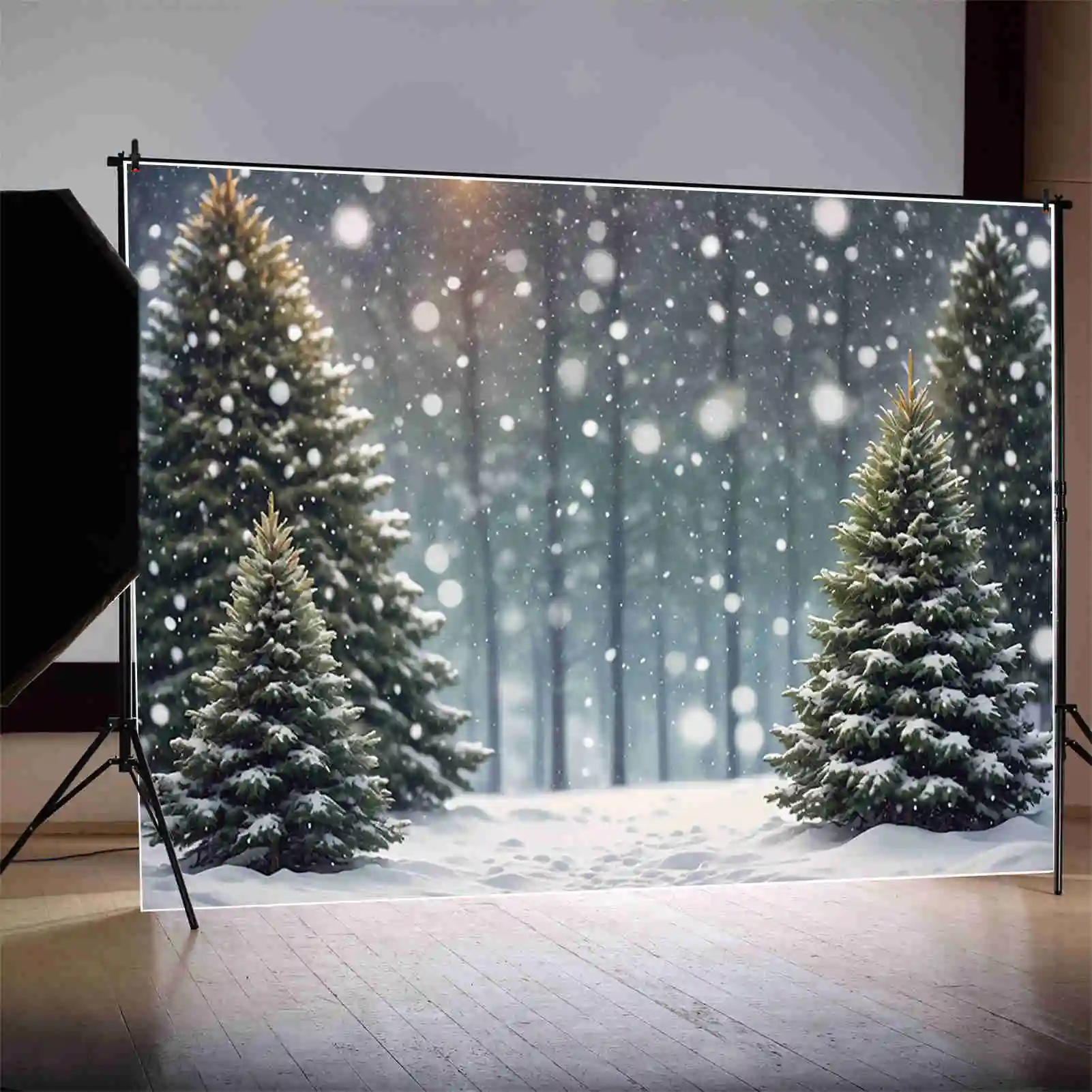 MOON.QG Christmas Forest Tree Backdrop Outdoor Winter Snow Field Bokeh Background Custom Party Decorations Photo Zone Supplies