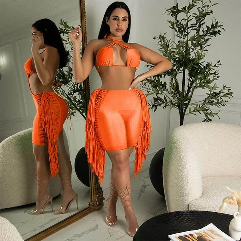 

GUWU Womens Halter Neck Push Up Matching Shorts Set Womens Fashion Fringed Shorts Two-Piece Set Active Wear Sexy Party Clubwear
