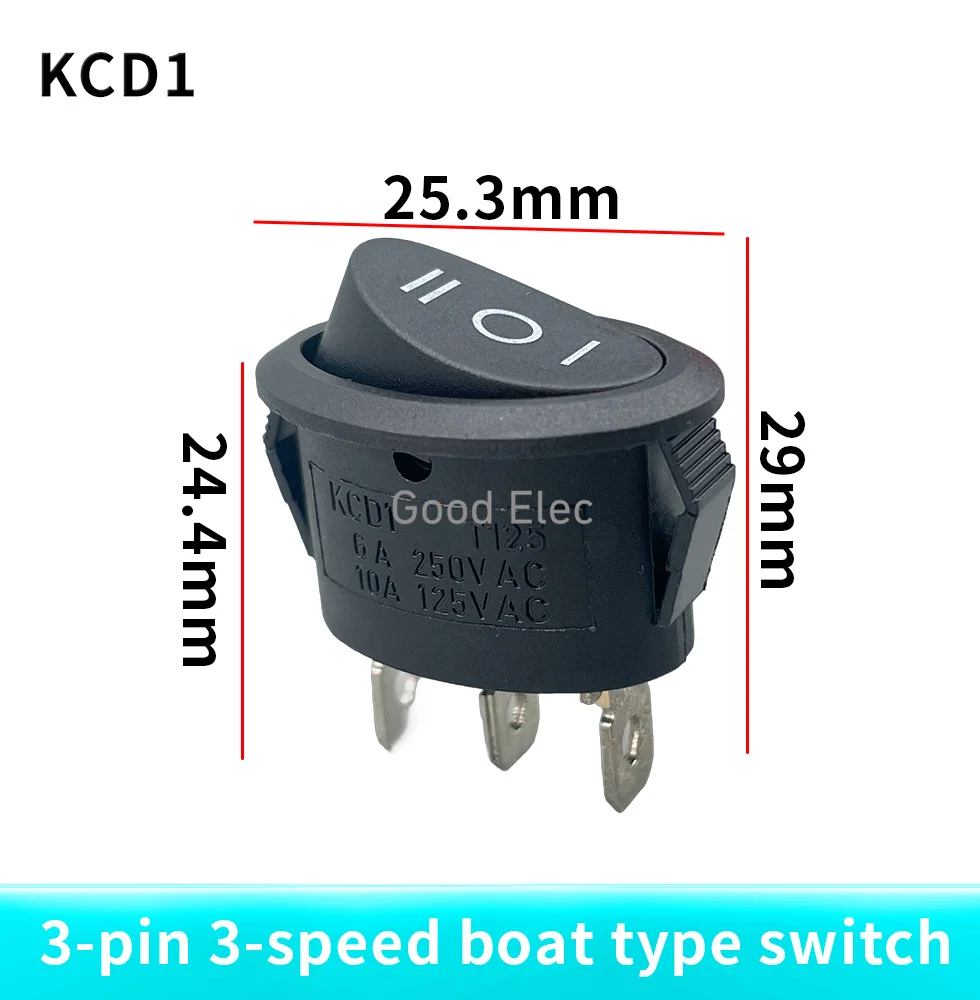 1PCS ON-OFF-ON AC 6A 250V 10A 125V Black  3 Position 3 Pins Mini Oval Rocker Switch