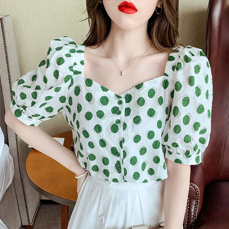 Polka Dot Printed Puff Sleeve Shirt for Women 2025 Summer New Style Chiffon V-neck Top Fashionable Short Sleeves