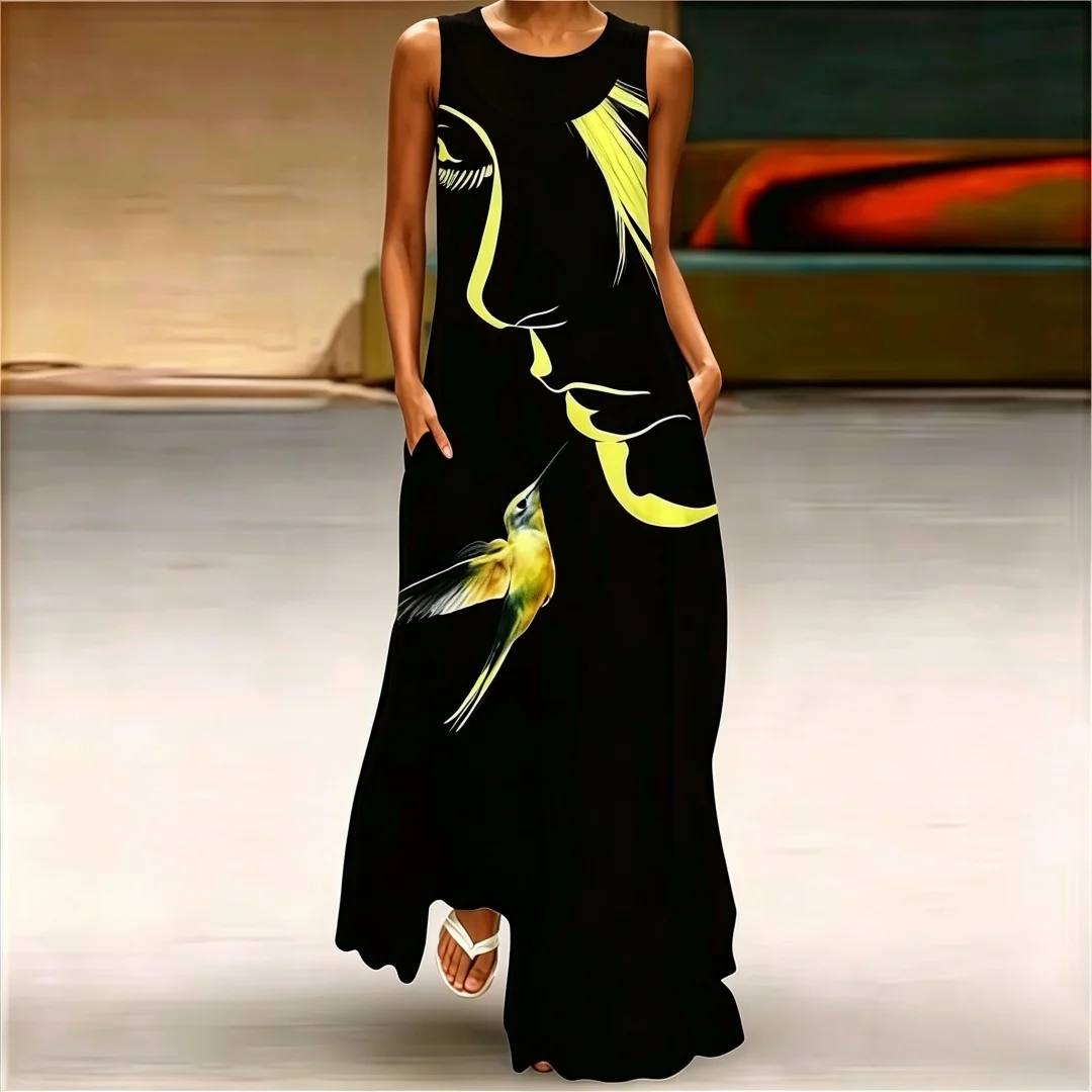 2026 New Abstract Mask Printing Long Dresses for Women Sexy Sleeveless Tank Fashion O-Neck Casual Clothing Women Robe Maxi Dress
