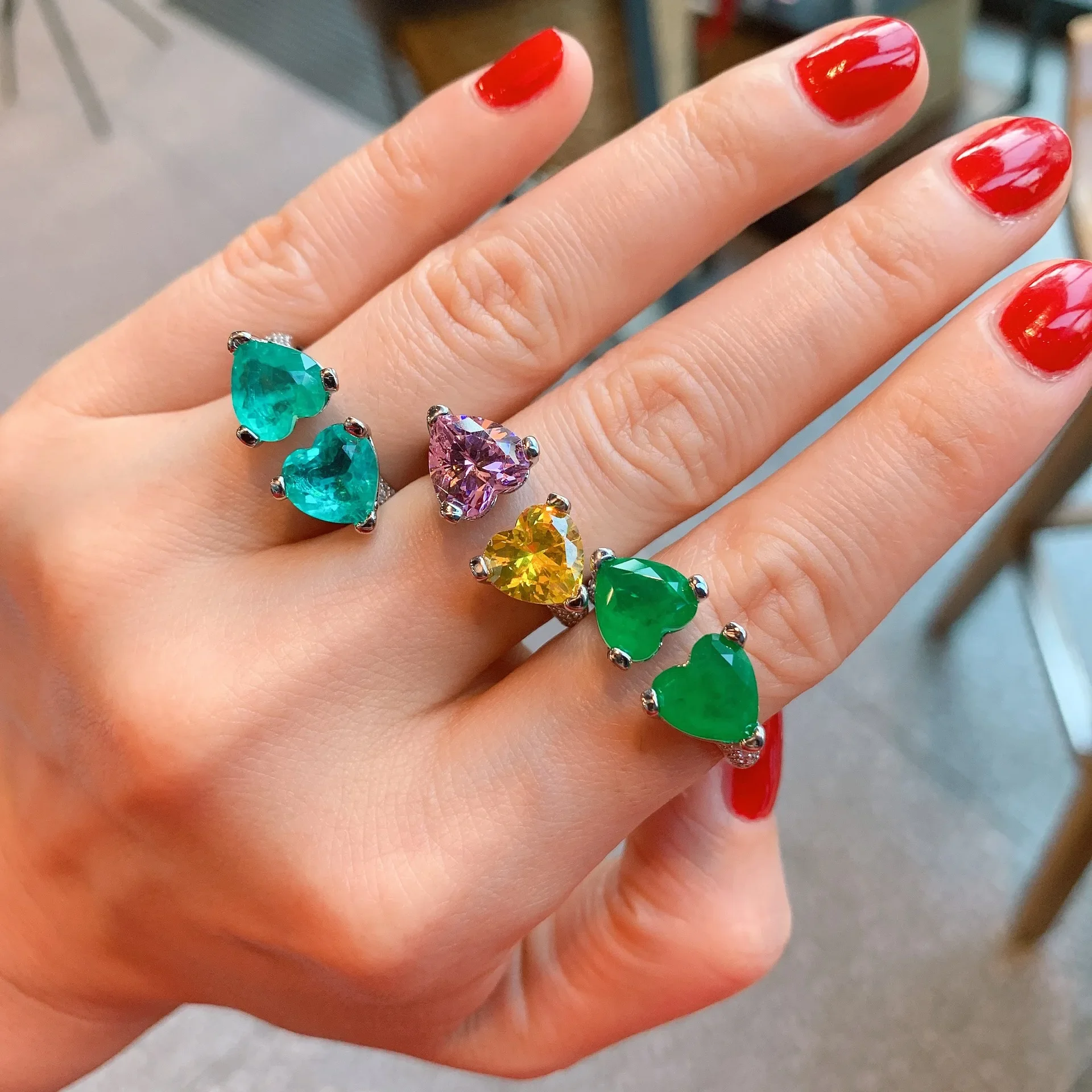 Simple Heart LOVE Paraiba Emerald Stone Open Adjustable Matching Rings Women Luxury Designer Jewelry Lover Wife Gift Bride