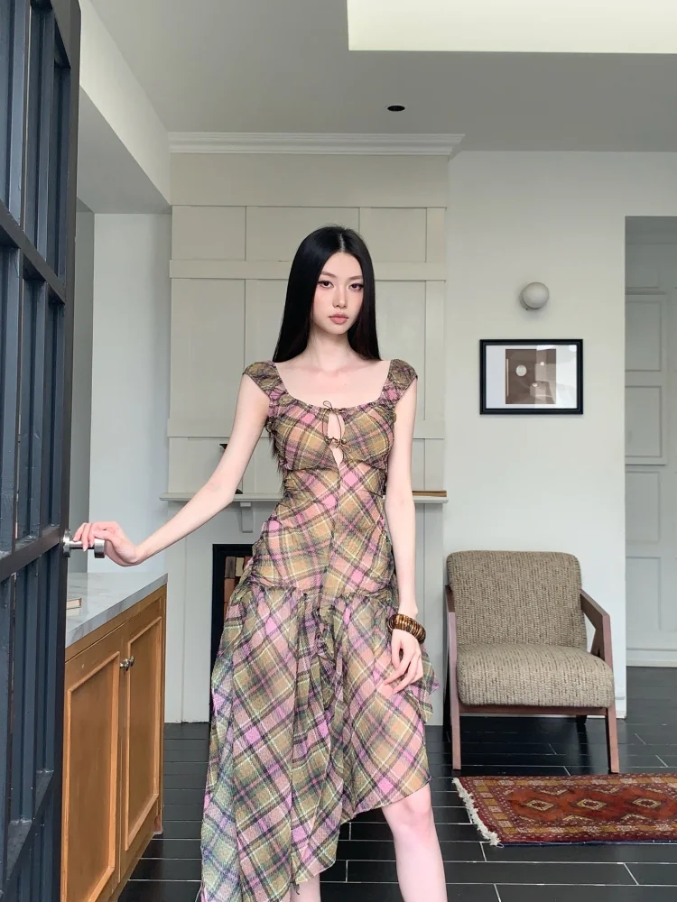 Summer Plaid Chiffon Chic Backless Sexy Sling Dress Women Elegant Bandage Casual Dress 2026 Korean Bodycon Luxury Evening Dress