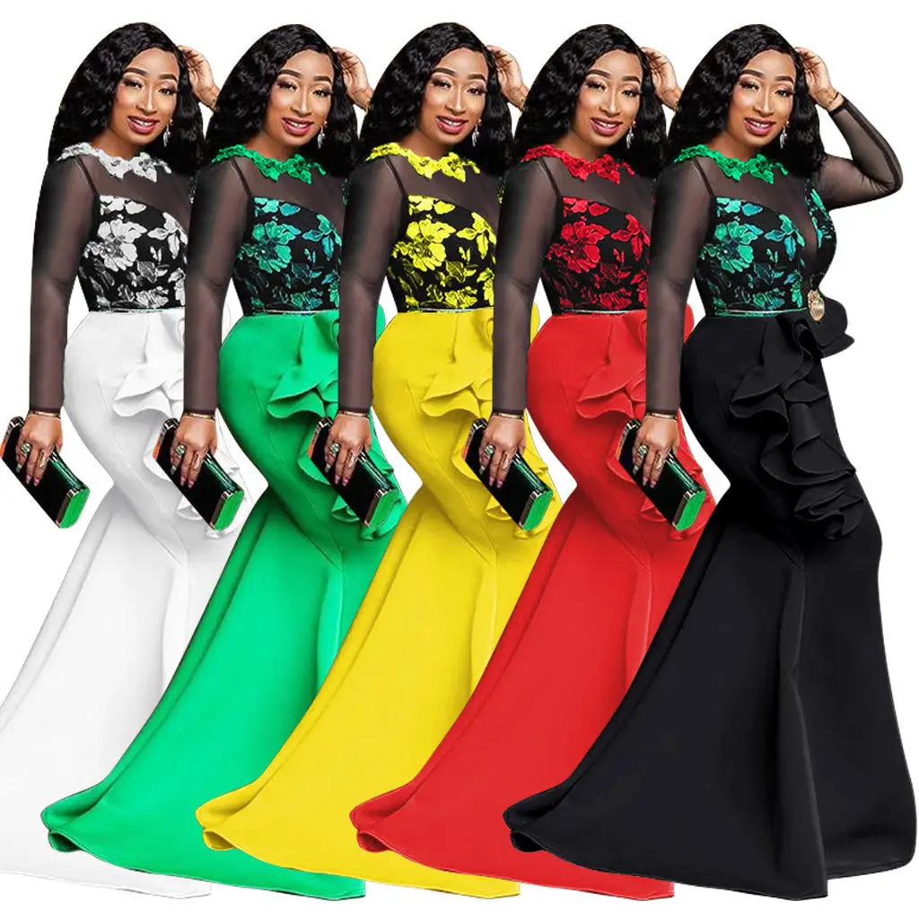 2025 Duży Rozmiar Dr Lace Trim See tough Long Sve Commute Sle Fi Tail Skirt Polyester Fabric round Neline Spring