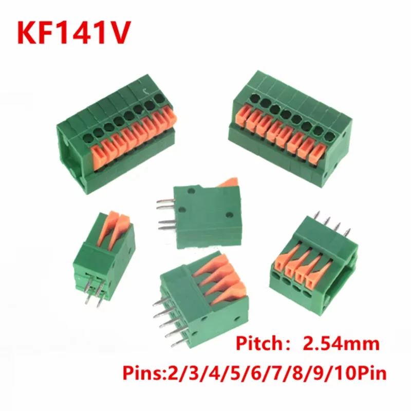 10Pcs KF141R KF141V PCB Spring Screwless Terminal Block 2.54mm 2/3/4/5/6/7/8/9/10 Pin Straight / Bent Foot PCB Mount Connector