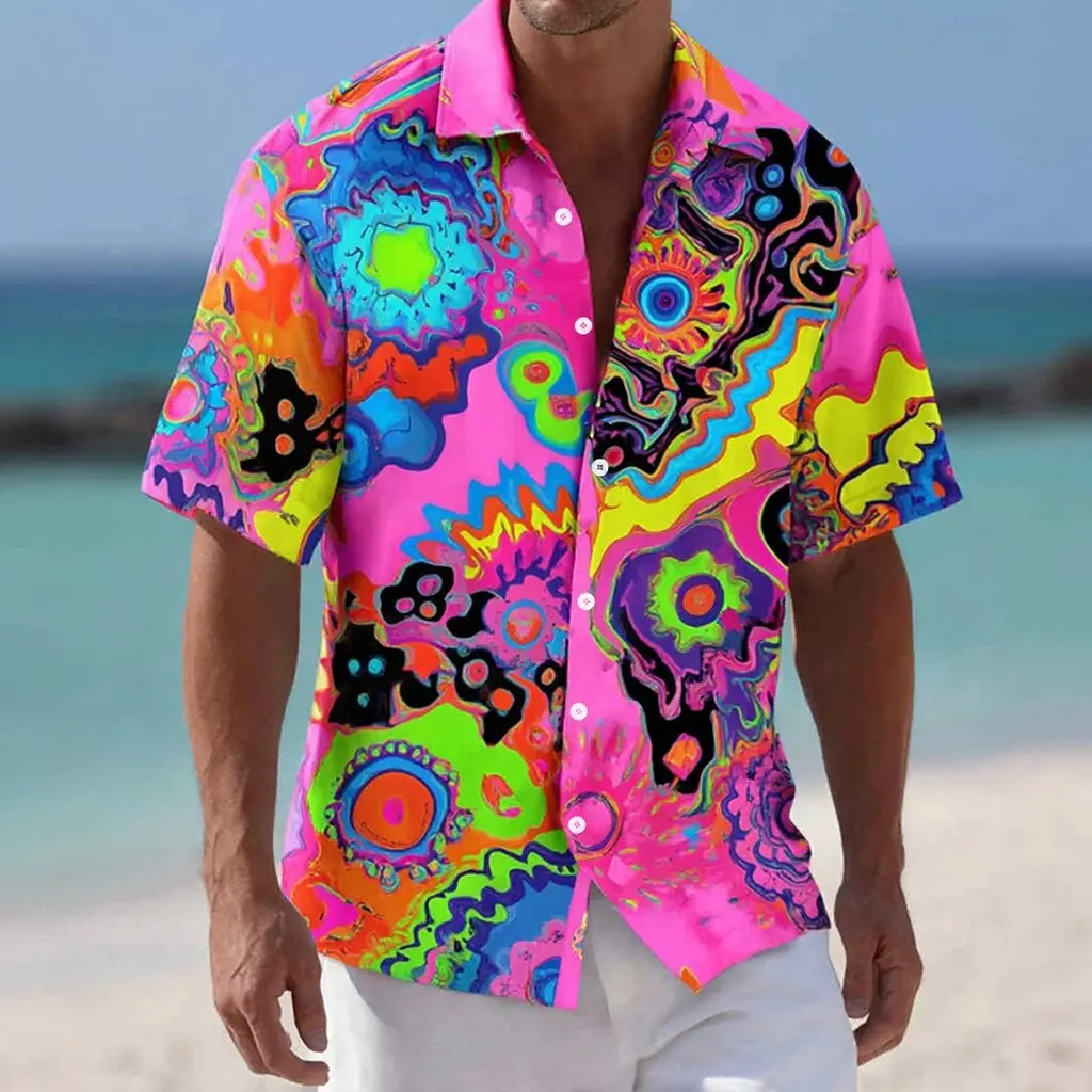 

Men's Pop Art Abstract Graffiti 3D Print Shirt, Short Sleeve Button Up Collar, Fashion Outdoor Holiday Tops for Spring & Summer