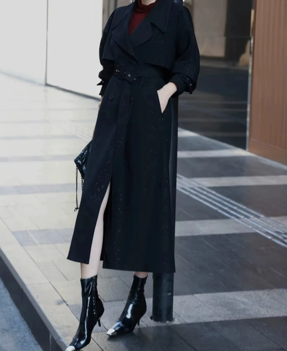 

2025 Early Autumn New Lapel Shiny Double-breasted Fashion Long Windbreaker Temperament Black Coat Women-GZXX120