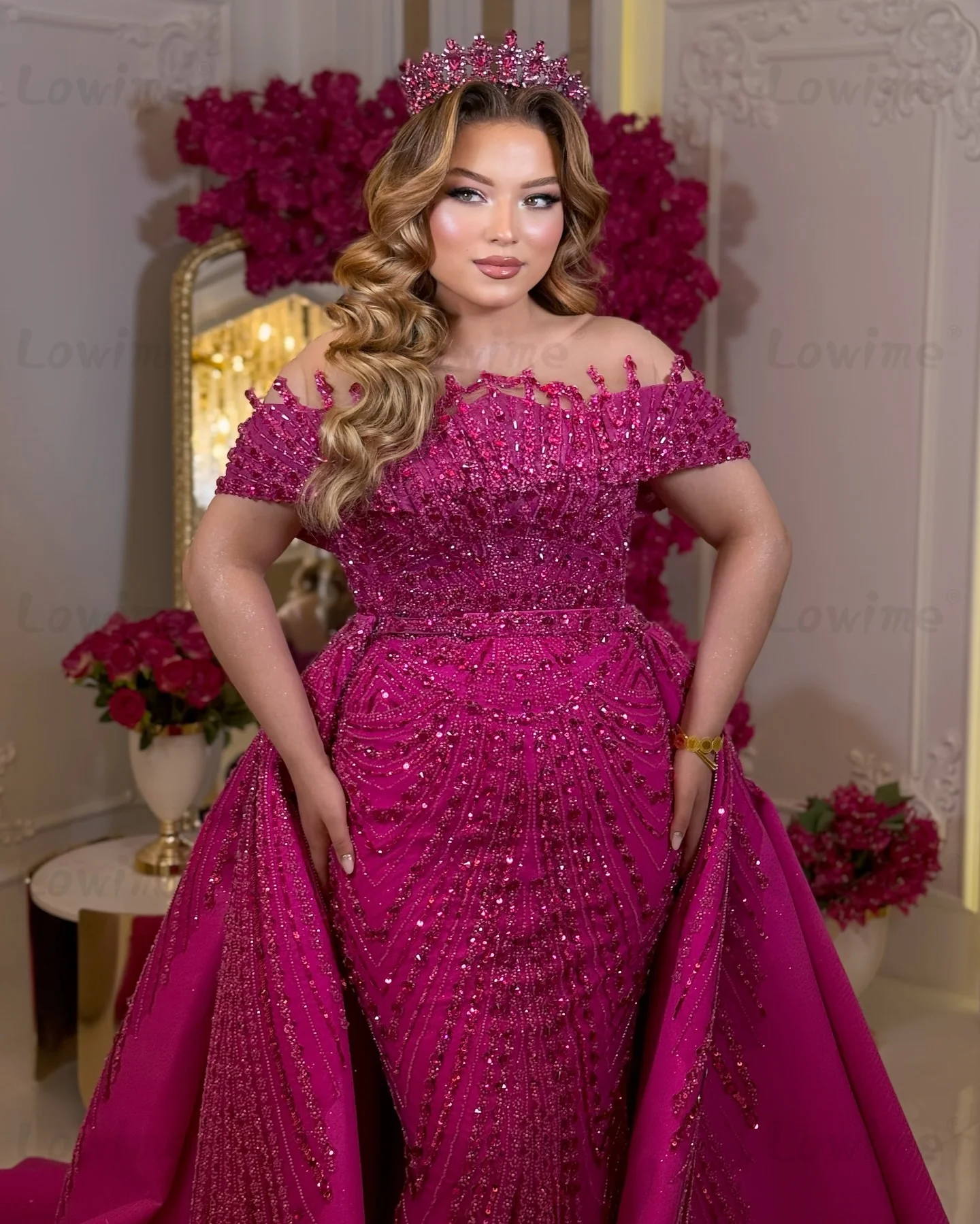

Hot Pink Arabic Prom Dresses with Overskirt Women Fuchsia Long Party Gowns 2026 Customized Off Shoulder Crystals Evening Dress