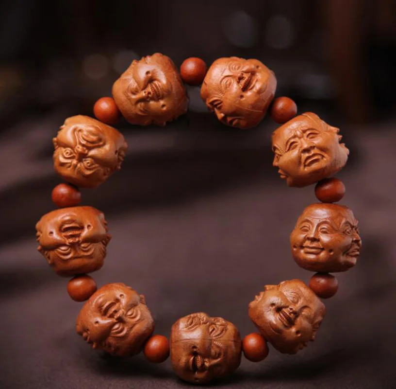 Chinese Peach Wood Carved Four Sided Buddha Buddha Head Statue Hand Strings Exquisite Buddhism Bracelet Gift