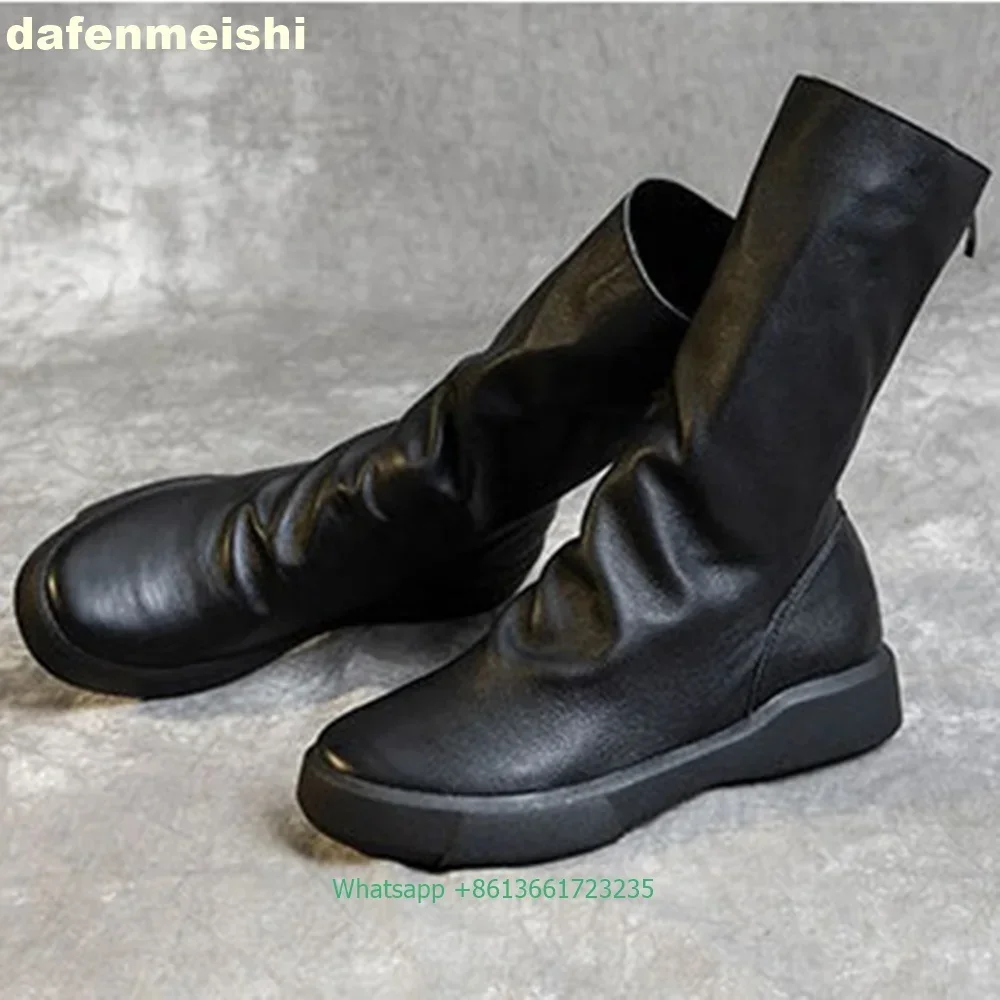 2025 Winter Warme Fleece Mode Laarzen Zwart/bruin Koeienhuid Platform Terug Rits Laarzen Ronde Neus Effen Kleur Dames Halfhoge Laarzen