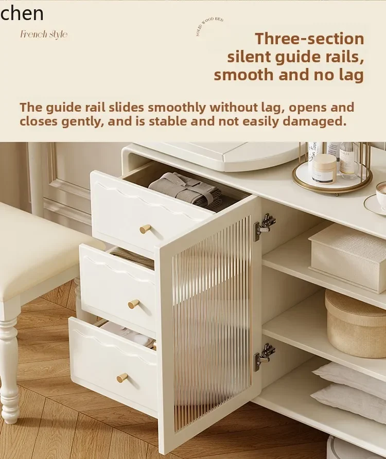 Cômoda H5.26 integrada com mesa de maquiagem de canto para quarto em madeira maciça