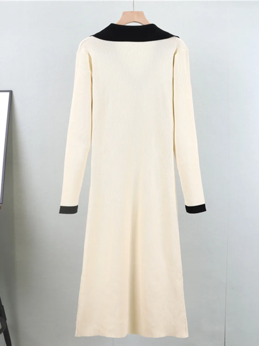 New Autumn Knitting Dress Women V-Neck Long-sleeve Slim Elegant Casual Button Knitted Dress 2024 France High-Quality Mid Dresses
