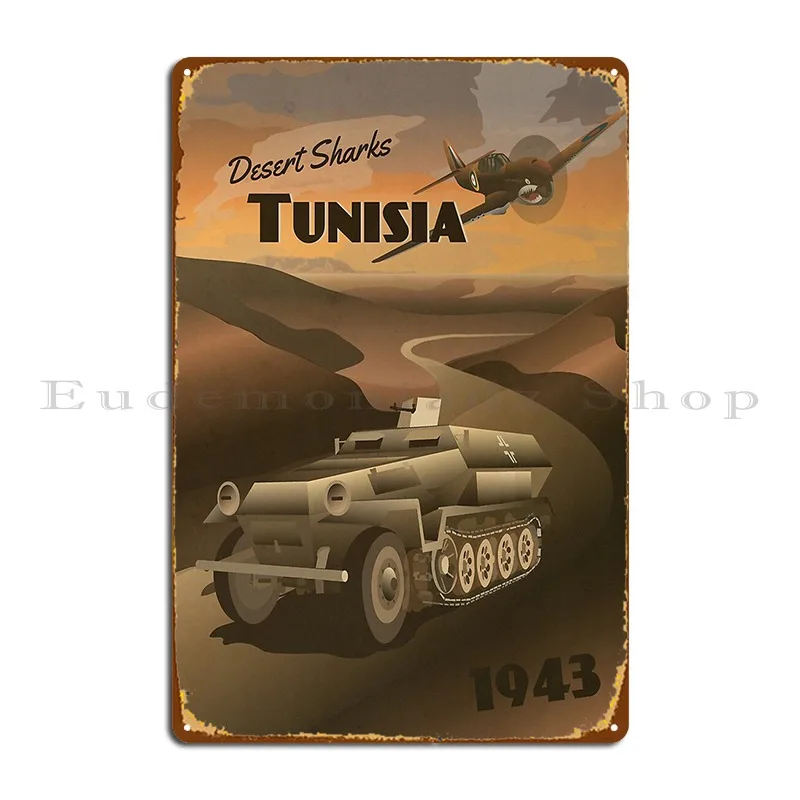 Tunisia 1943 Desert Shark Travel Poster Metal Sign Poster Club Garage Designs Club Club Tin Sign Poster