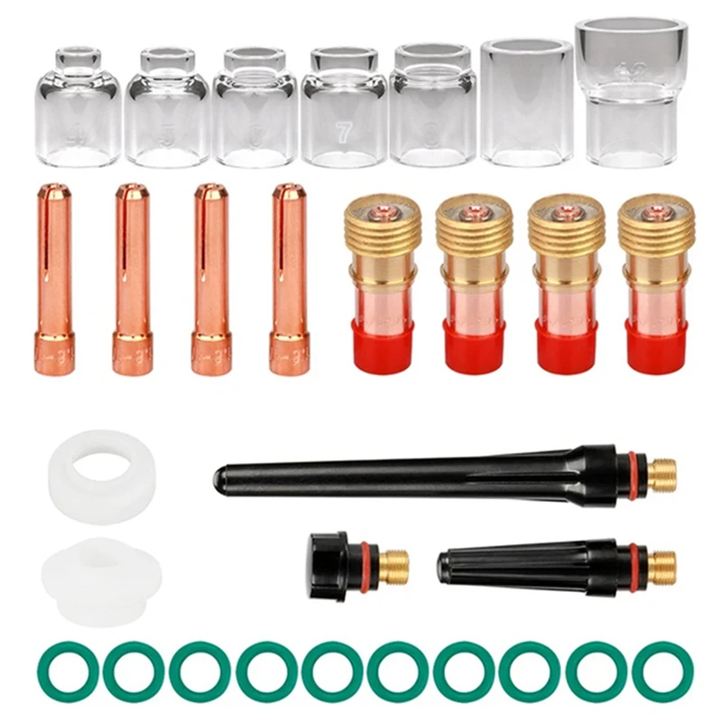 

2025 New 30Pcs TIG Welding Torch Accessories Stubby Gas Lens 4 -12 Cup Kit For WP-17/18/26 Torch Welding Supplies