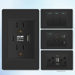 US Wall Socket With Fast Charging USB Type-C Charging Port 5V 3A,American Mexico Electrical Light Switch Black Power Outlet Plug