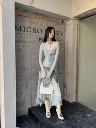 Retro And Gentle Mesh Long Dress, Women'S Spring And Autumn Butterfly Orchid Print Design, Slim Fit And Unique Dress