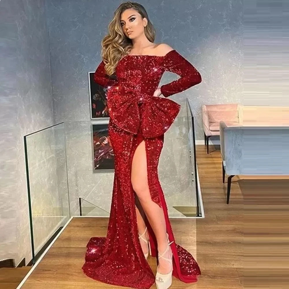 

Burgundy Evening Dresses Mermaid Long Sleeves Sequins Slit Long Turkey Dubai Saudi Arabic Evening Gown Prom Dresses