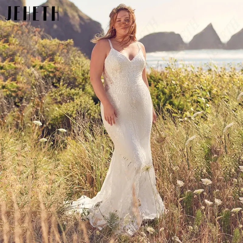 

JEHETH V-Neck Mermaid Wedding Dresses Plus Size Tulle Spaghetti Strap Sleeveless Bridal Gowns Appliques Sexy Lace Robe De Mariée