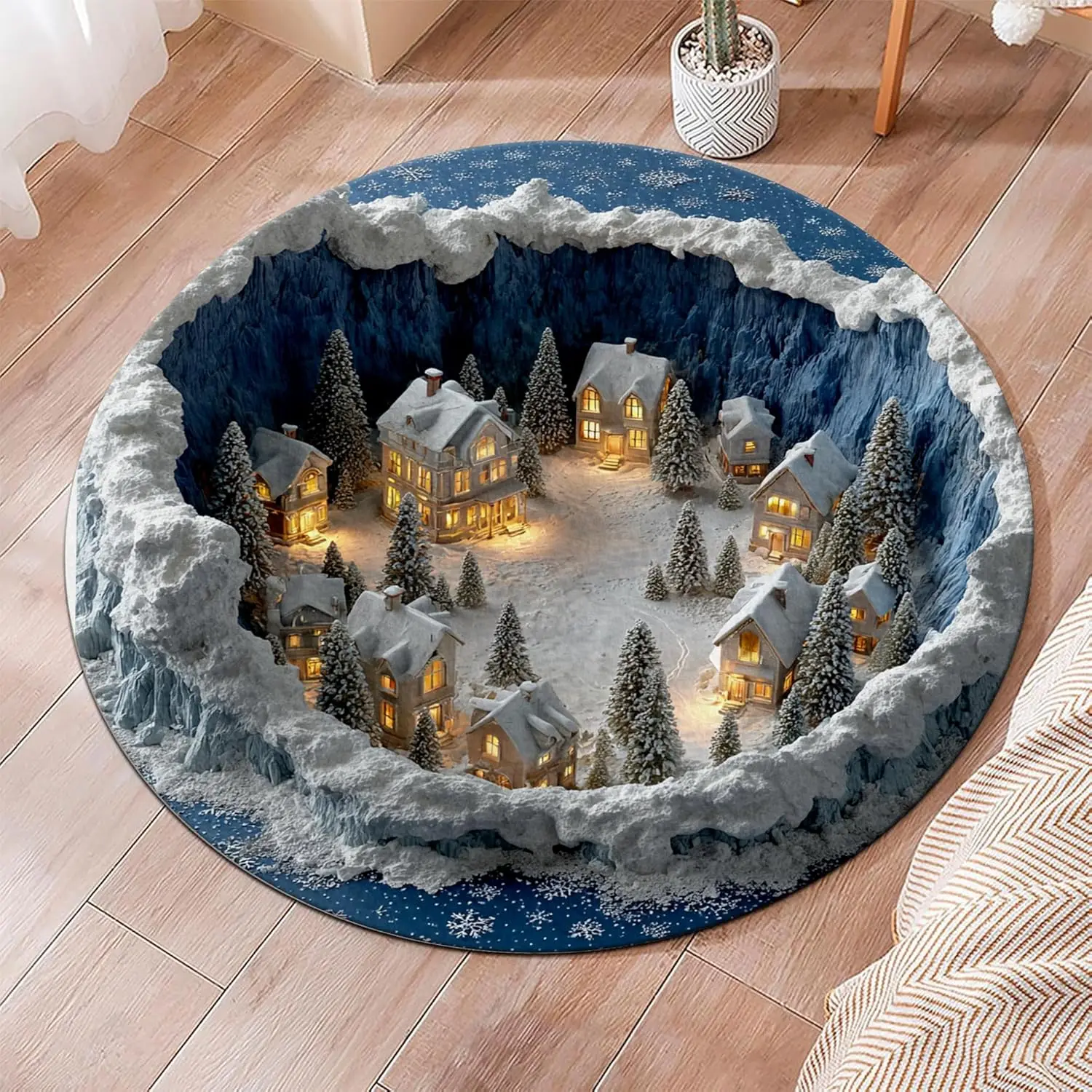 3D Effect Winter Village Round Area Rug Snowy House Christmas Circle Carpet Non Slip Washable Aesthetic Living Room Decor