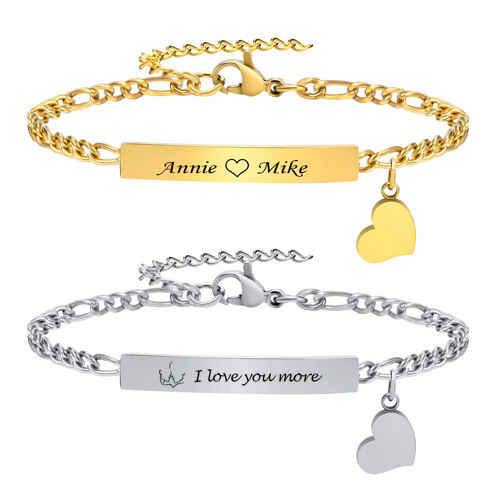 Personalized Name Bar Bracelet, Heart Dangle Engrave ID Identification Bracelet for Women