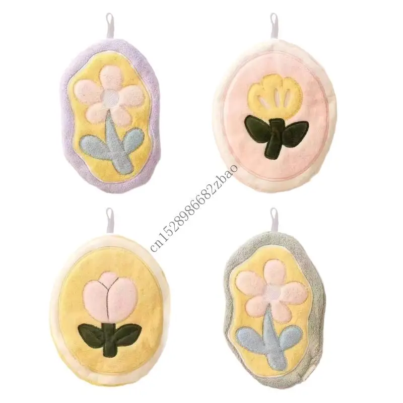 

H7EA Gentle Skin Hand Towel Floral Plush Fabric Highly Absorbent Hanging Towel For Kids Adults Family Kitchen Bathroom Use