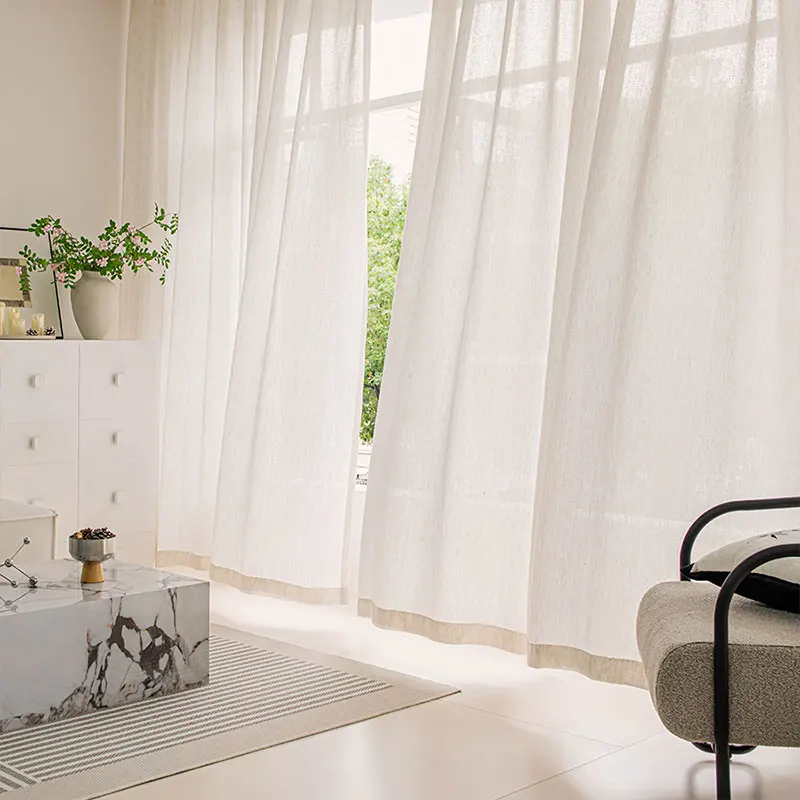 1Panel Japanese Style Living Room Thick Linen Curtains, Bedroom Curtains, Hotel Linen Beige Sheer Curtains