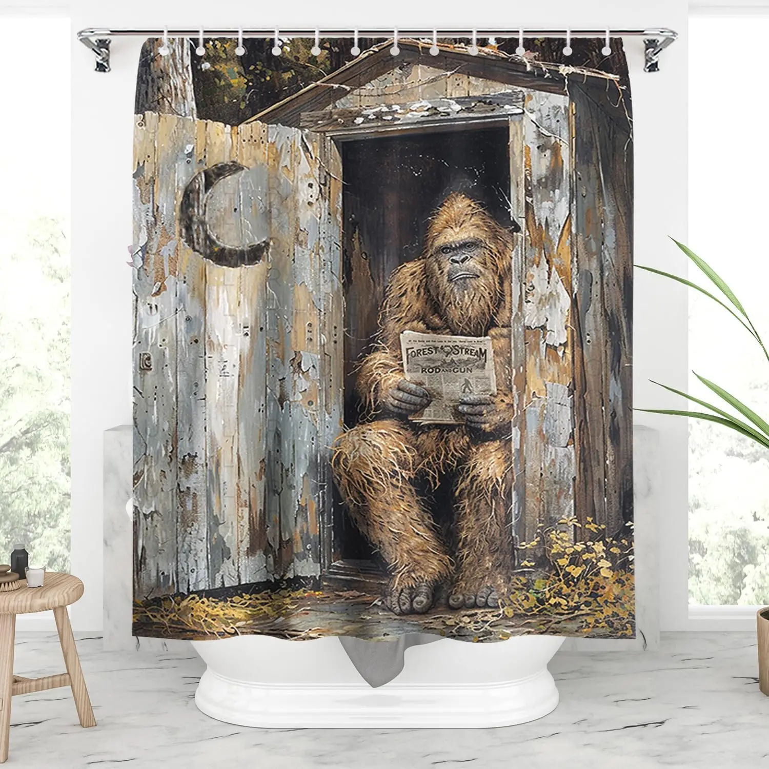 Bigfoot Reading Newspaper in Outhouse Shower Curtain Funny Sasquatch Art with Rustic Cabin Design
