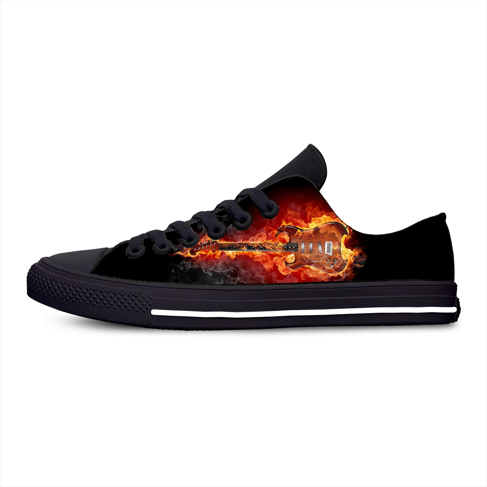 Electric Guitar Music Rock Band Fire Flame Flaming Casual Cloth Shoes Low Top Lightweight Breathable 3D Print Men Women Sneakers